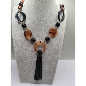Boho Tassel Necklace – Amber, Black, and Wood Look Beads